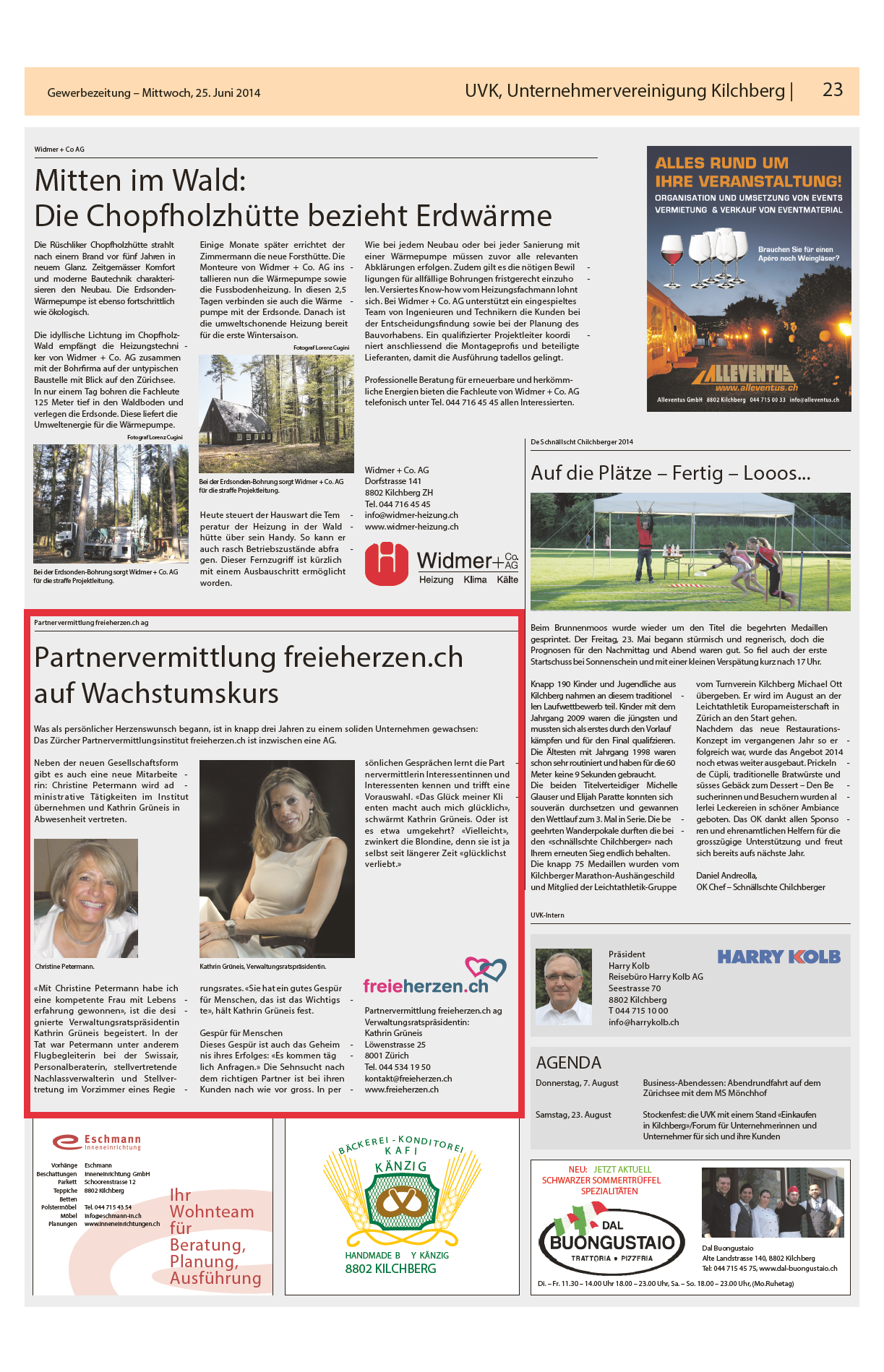 Zeitungsausschnitt von freieherzen.ch in der Gewerbezeitung vom September 2014