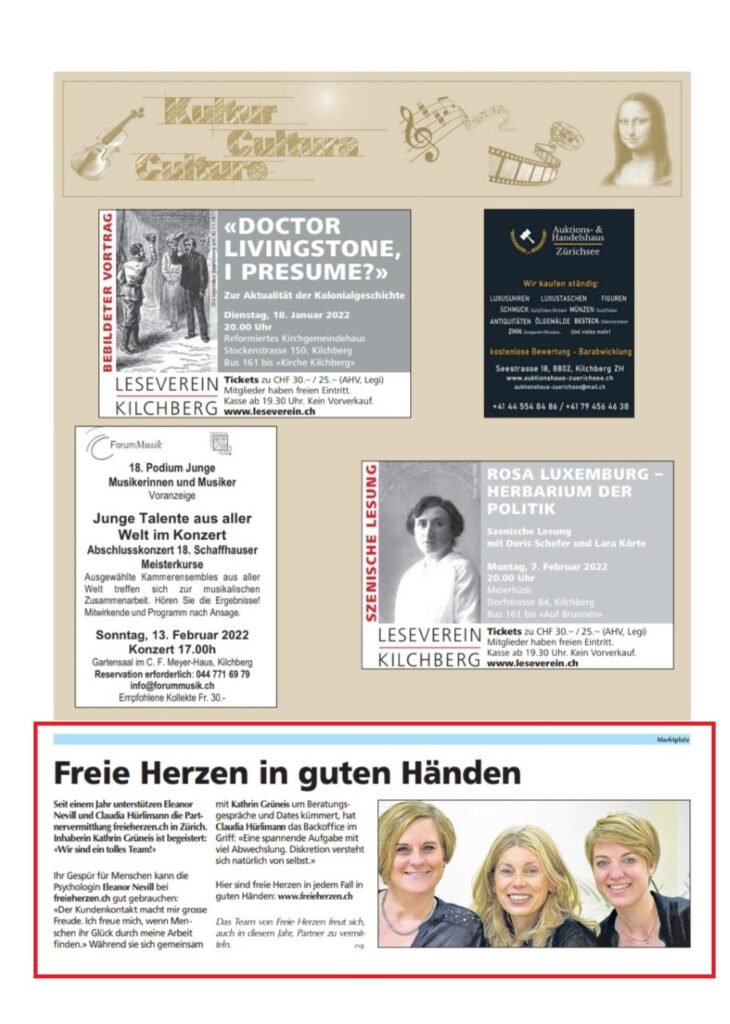 Zeitungsausschnitt von freieherzen.ch im Kilchberger vom Januar 2022