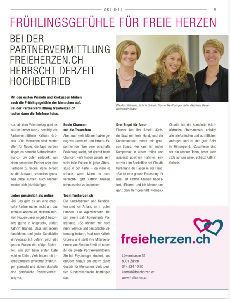 Zeitungsausschnitt von freieherzen.ch im Zürichsee-Spiegel vom März 2022