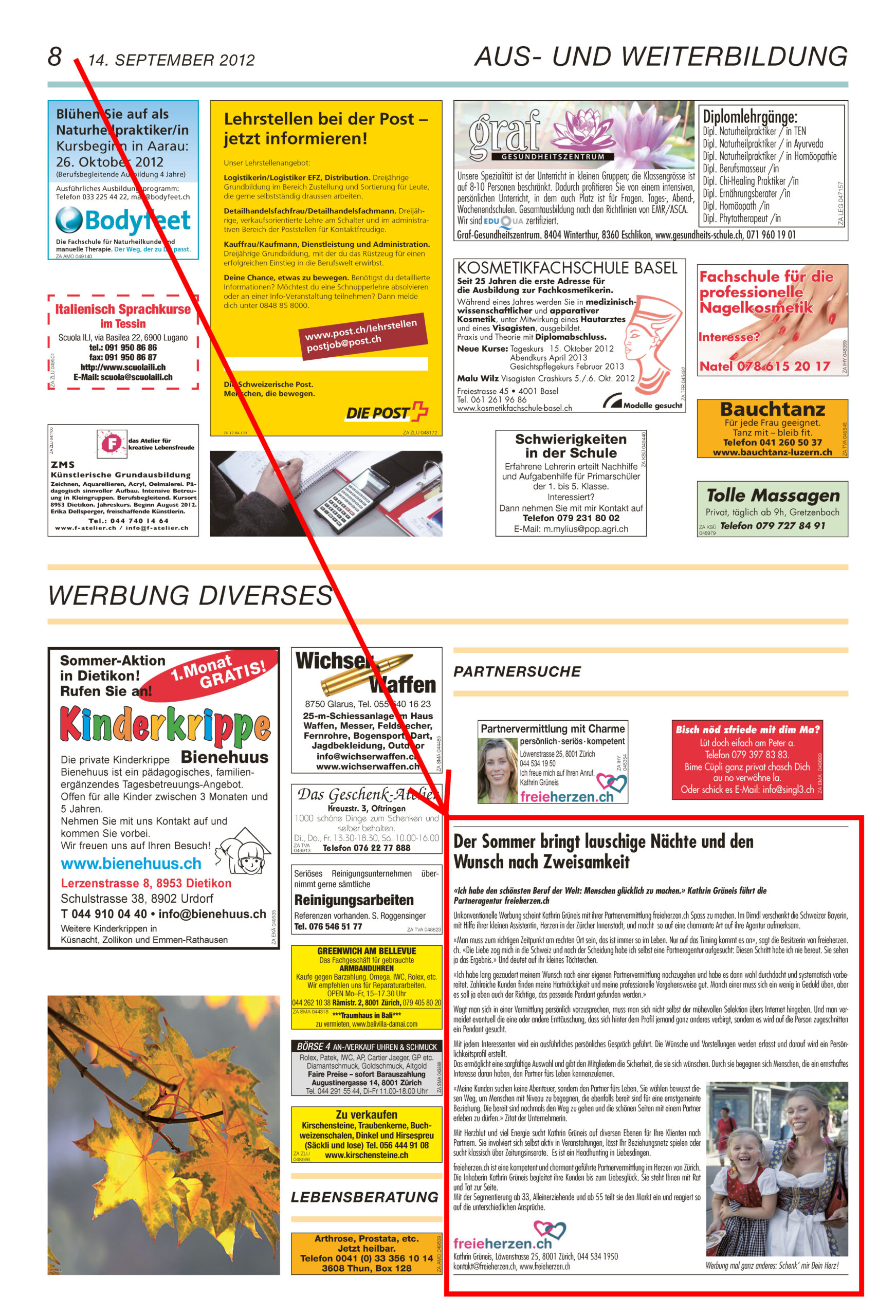 Zeitungsausschnitt von freieherzen.ch im Aargauer Anzeiger vom September 2012