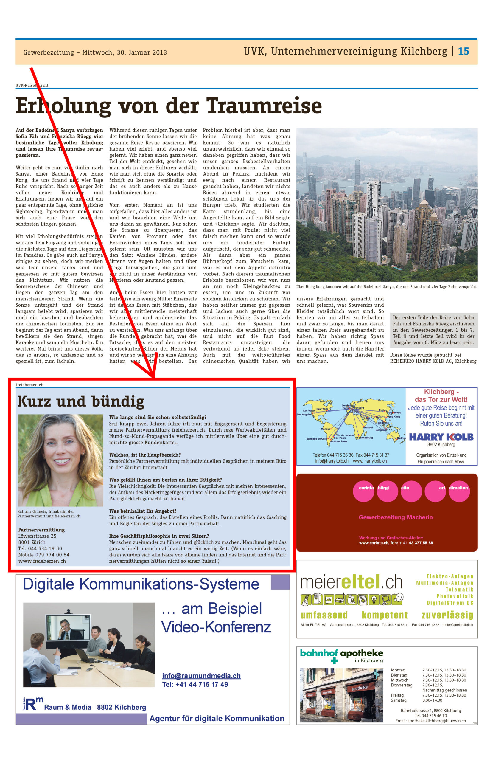 Zeitungsausschnitt von freieherzen.ch in der Gewerbezeitung vom Januar 2013
