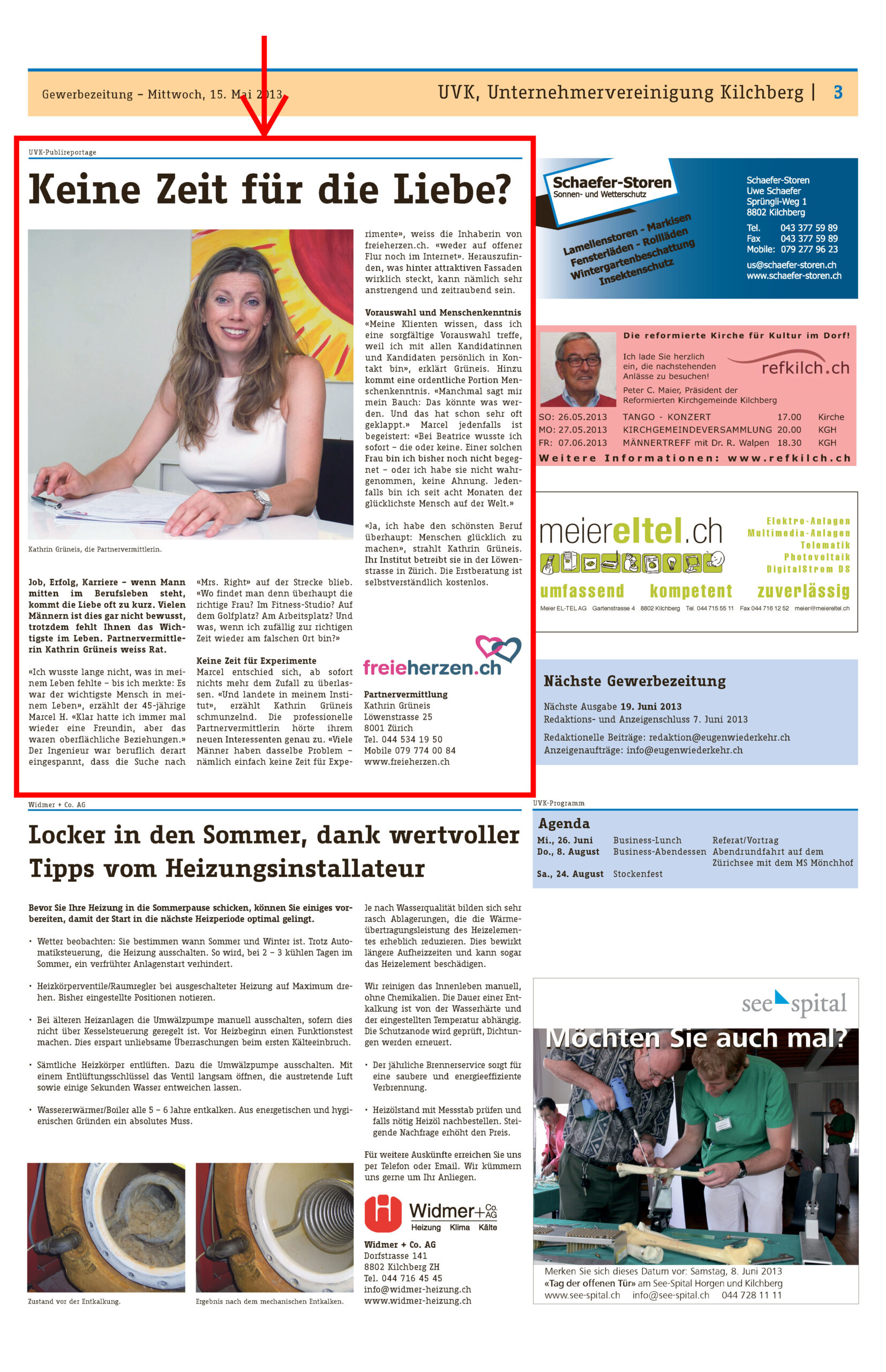 Zeitungsausschnitt von freieherzen.ch in der Gewerbezeitung vom Mai 2013