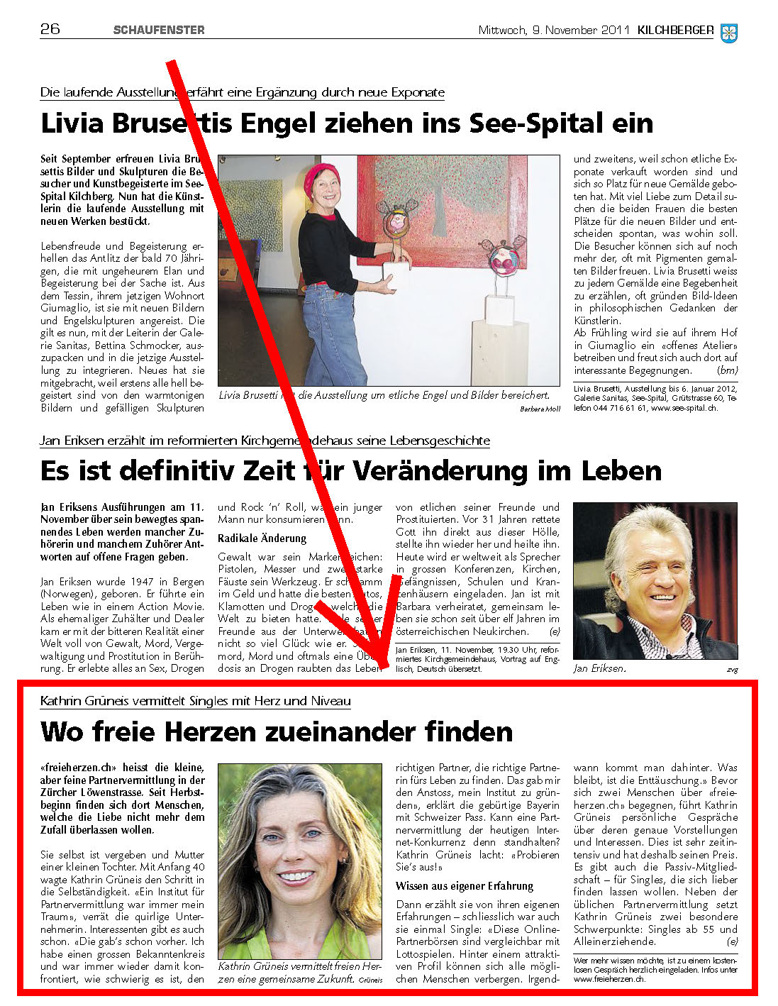 Zeitungsausschnitt von freieherzen.ch im Kilchberger Gemeindeblatt vom November 2011