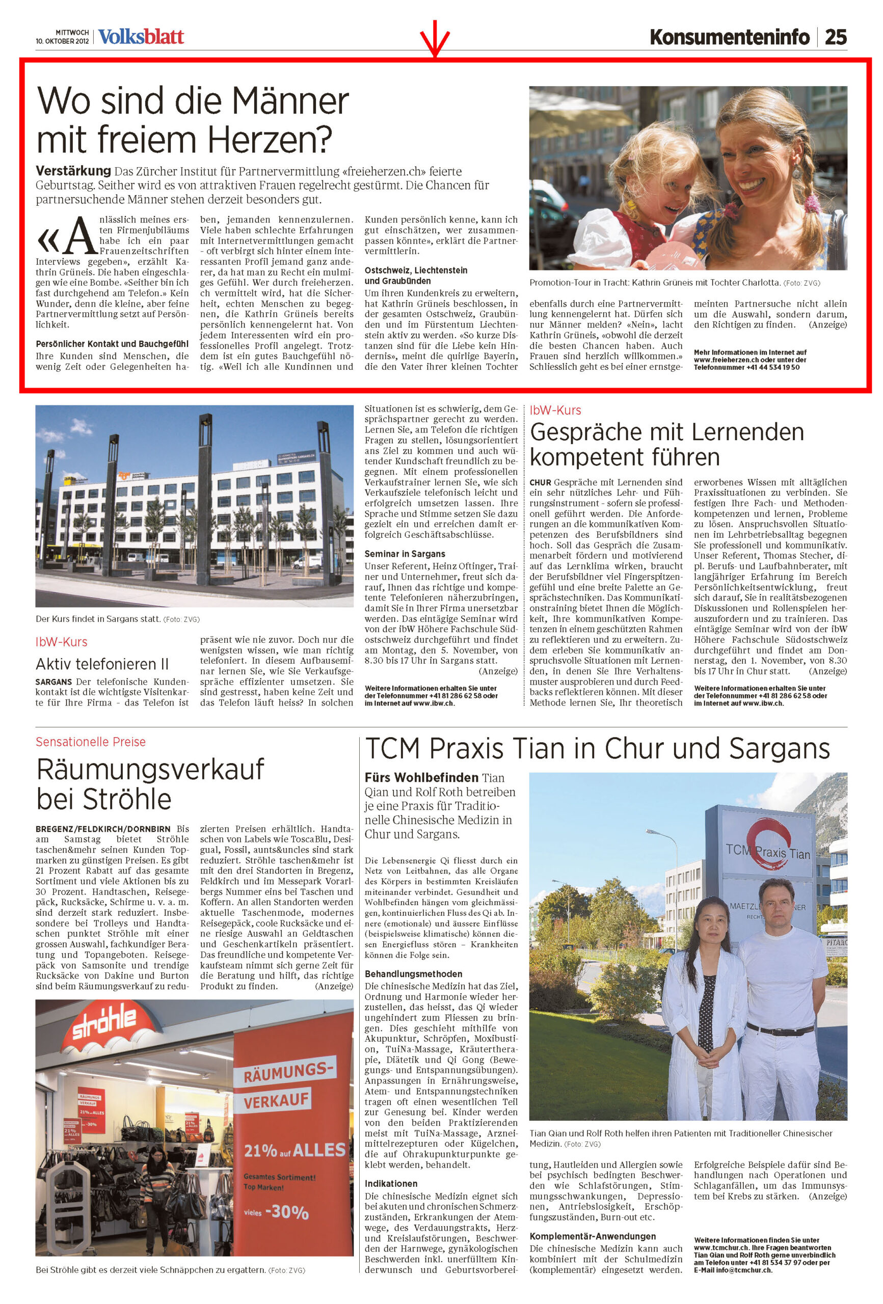 Zeitungsausschnitt von freieherzen.ch im Volksblatt vom Oktober 2012